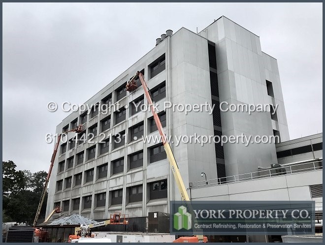 Washing dirty anodized aluminum curtain wall clad panels.